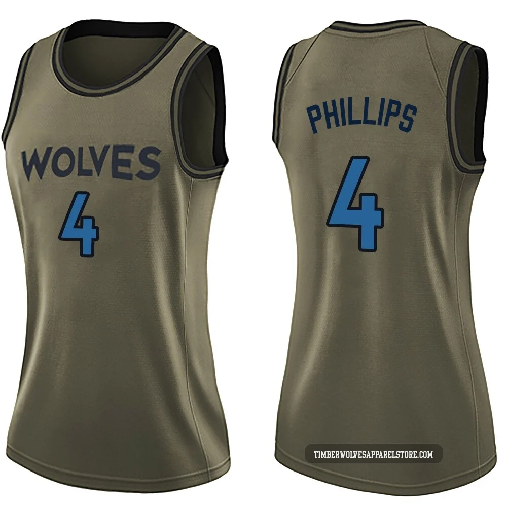 Julian Phillips ＃4 Minnesota Timberwolves Swingman Green Women's Salute to Service Jersey